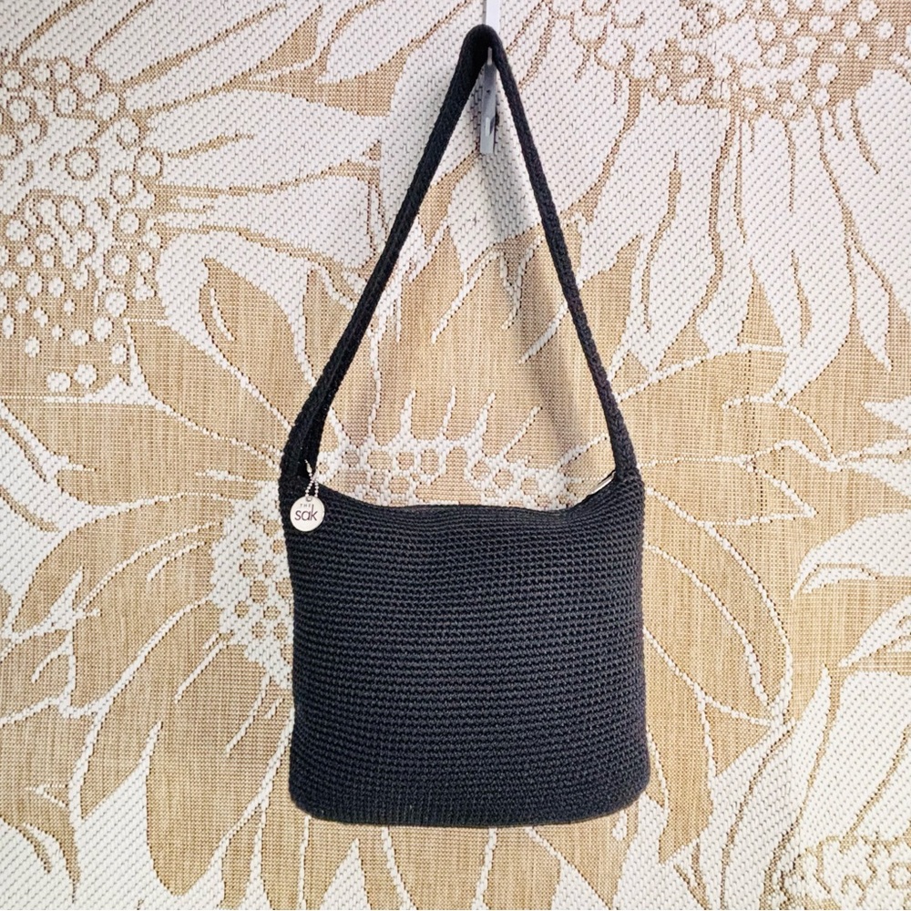 The Sak Classic Black Crochet Shoulder Hobo Bag Boho Knit Purse